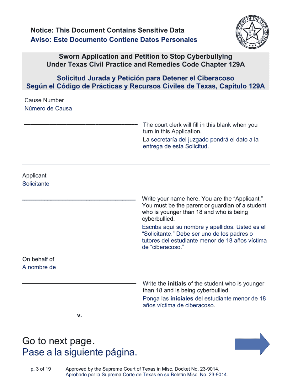 Sworn Application and Petition to Stop Cyberbullying Under Texas Civil Practice and Remedies Code Chapter 129a - Texas (English / Spanish), Page 3