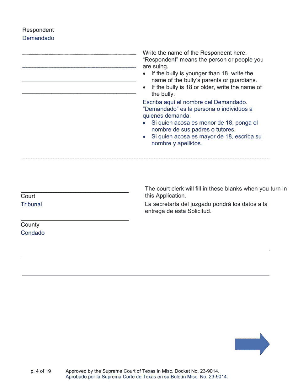 Sworn Application and Petition to Stop Cyberbullying Under Texas Civil Practice and Remedies Code Chapter 129a - Texas (English / Spanish), Page 4