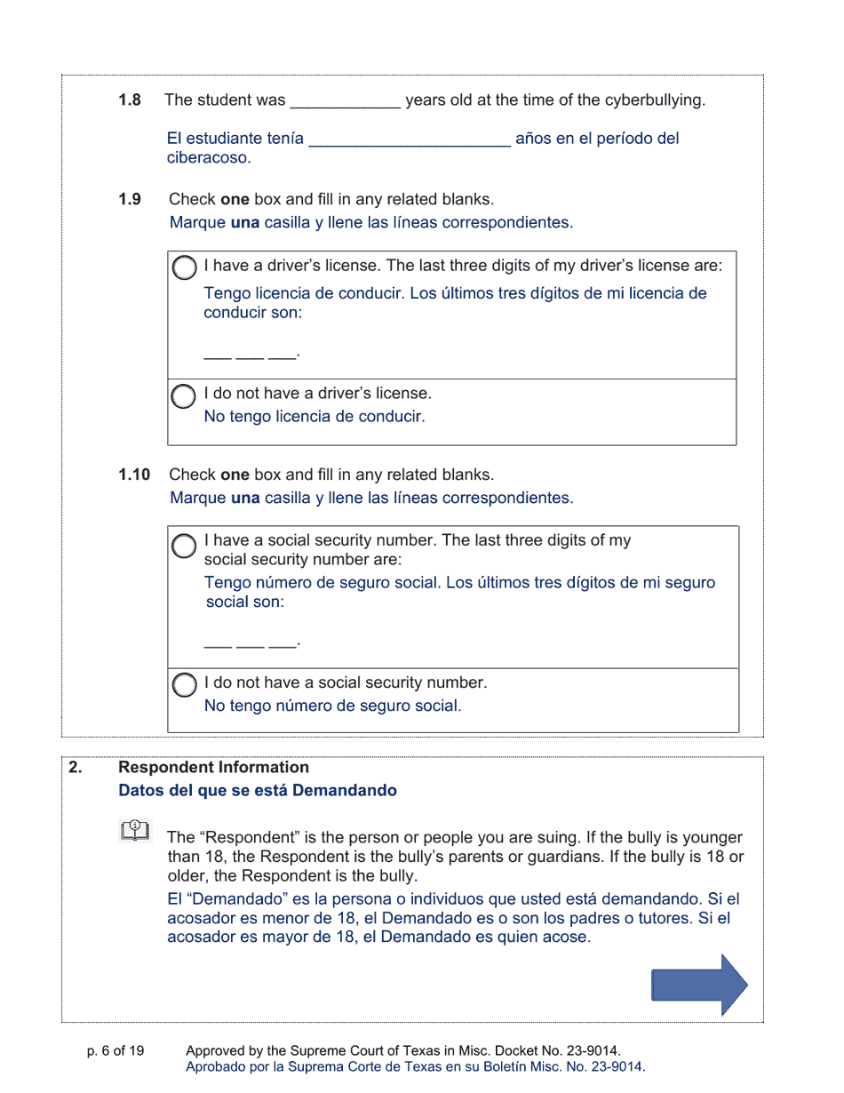 Sworn Application and Petition to Stop Cyberbullying Under Texas Civil Practice and Remedies Code Chapter 129a - Texas (English / Spanish), Page 6