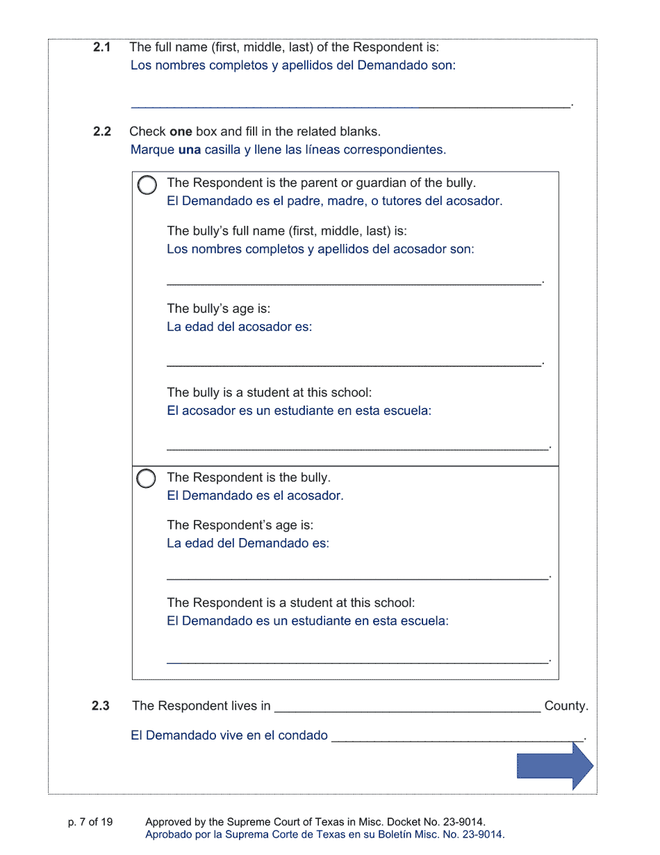 Sworn Application and Petition to Stop Cyberbullying Under Texas Civil Practice and Remedies Code Chapter 129a - Texas (English / Spanish), Page 7