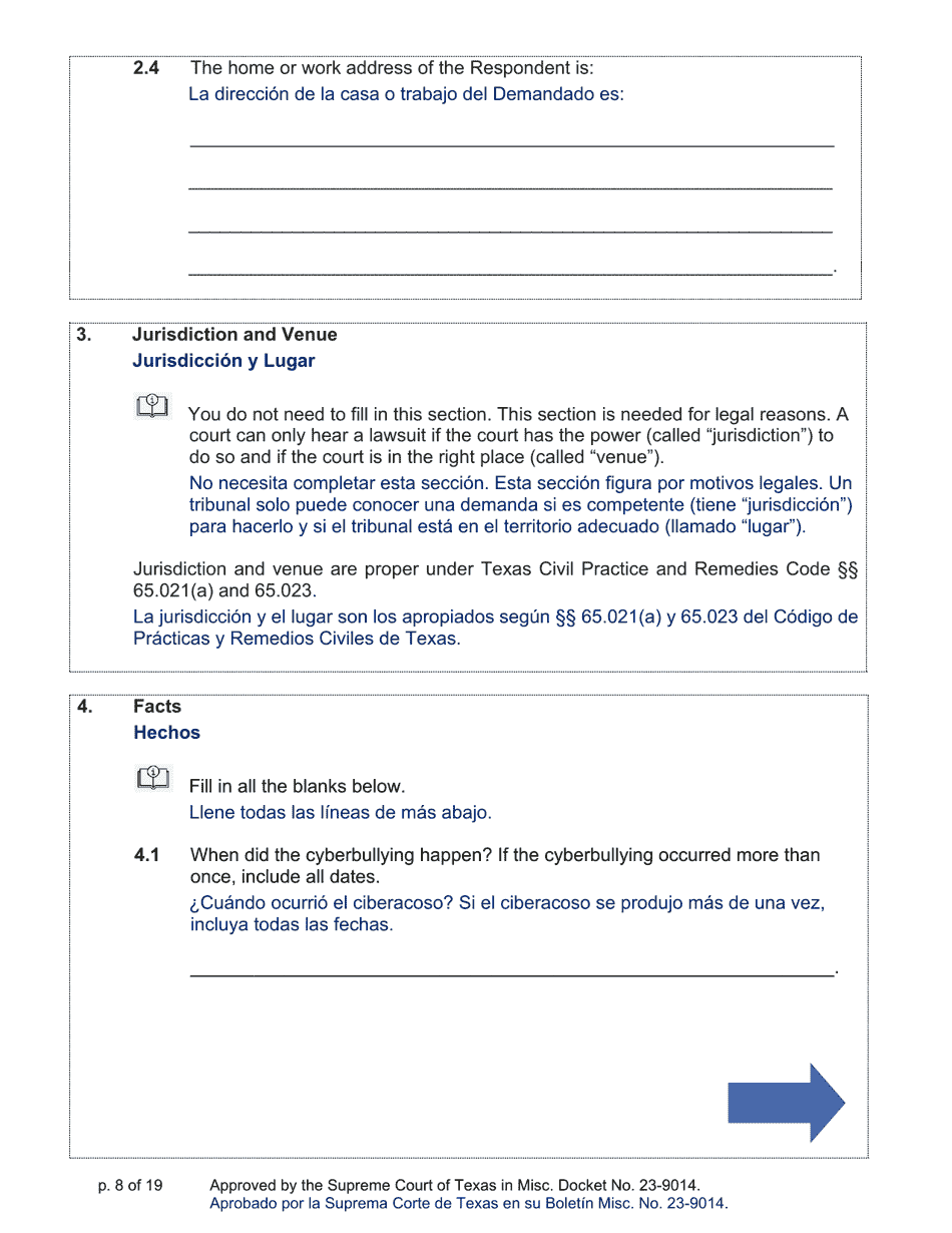 Sworn Application and Petition to Stop Cyberbullying Under Texas Civil Practice and Remedies Code Chapter 129a - Texas (English / Spanish), Page 8