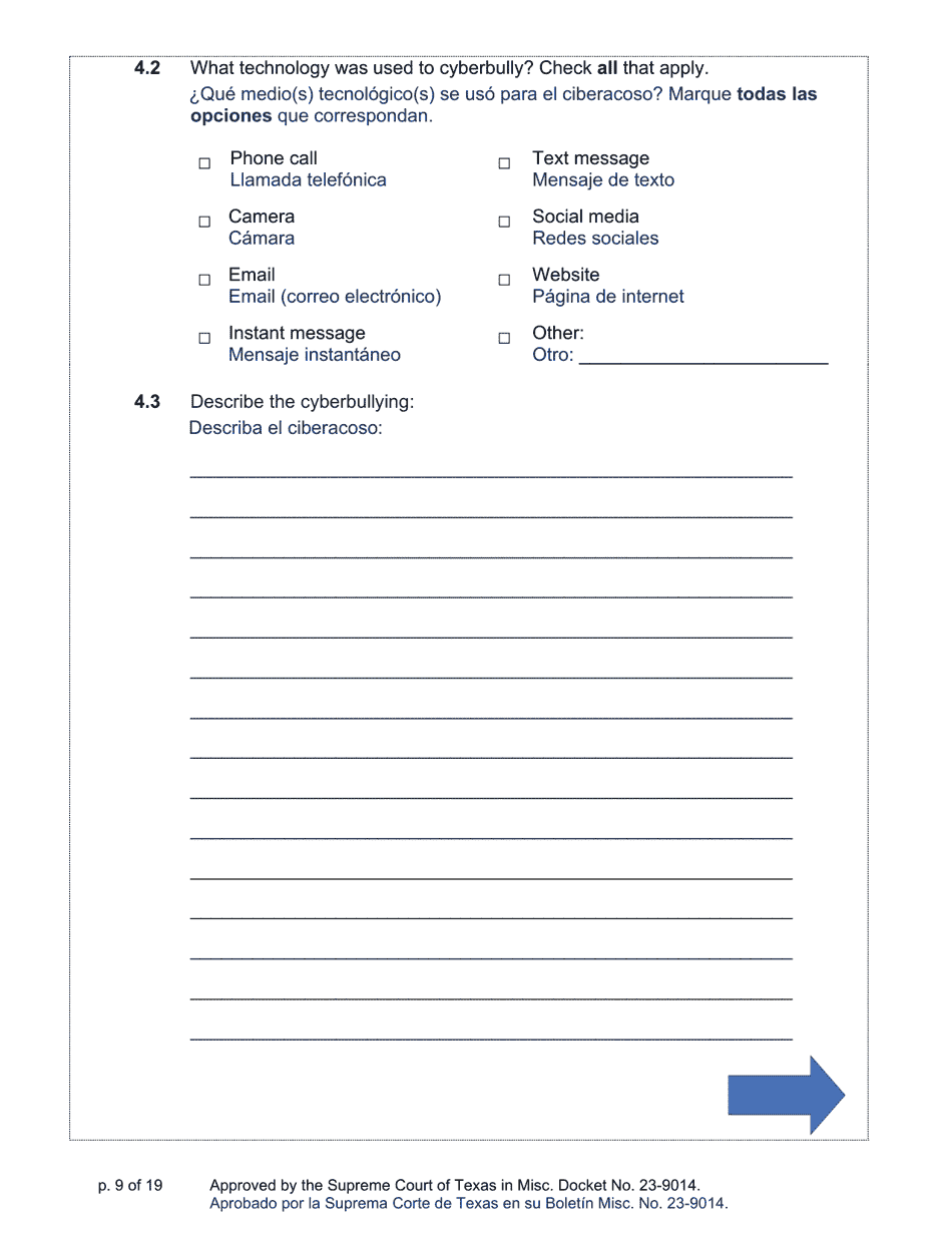Sworn Application and Petition to Stop Cyberbullying Under Texas Civil Practice and Remedies Code Chapter 129a - Texas (English / Spanish), Page 9