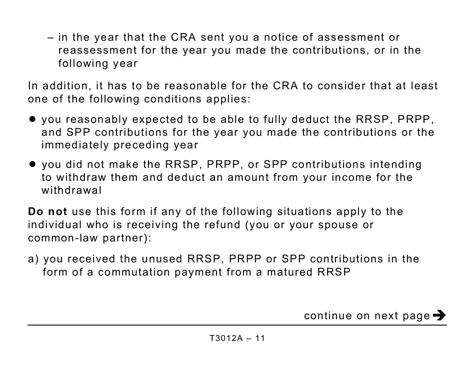 Form T3012A Tax Deduction Waiver on the Refund of Your Unused Rrsp, Prpp, or Spp Contributions From Your Rrsp - Large Print - Canada, Page 11