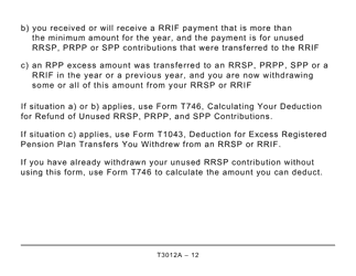 Form T3012A Tax Deduction Waiver on the Refund of Your Unused Rrsp, Prpp, or Spp Contributions From Your Rrsp - Large Print - Canada, Page 12