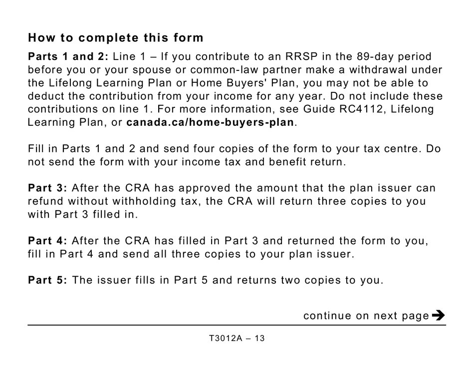 Form T3012A Tax Deduction Waiver on the Refund of Your Unused Rrsp, Prpp, or Spp Contributions From Your Rrsp - Large Print - Canada, Page 13