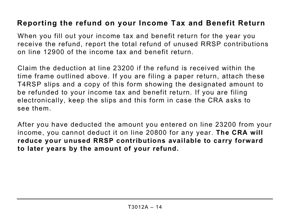 Form T3012A Tax Deduction Waiver on the Refund of Your Unused Rrsp, Prpp, or Spp Contributions From Your Rrsp - Large Print - Canada, Page 14