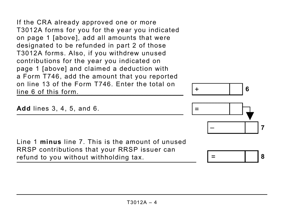 Form T3012A Tax Deduction Waiver on the Refund of Your Unused Rrsp, Prpp, or Spp Contributions From Your Rrsp - Large Print - Canada, Page 4