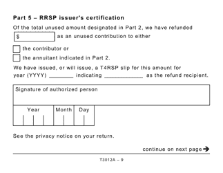 Form T3012A Tax Deduction Waiver on the Refund of Your Unused Rrsp, Prpp, or Spp Contributions From Your Rrsp - Large Print - Canada, Page 9