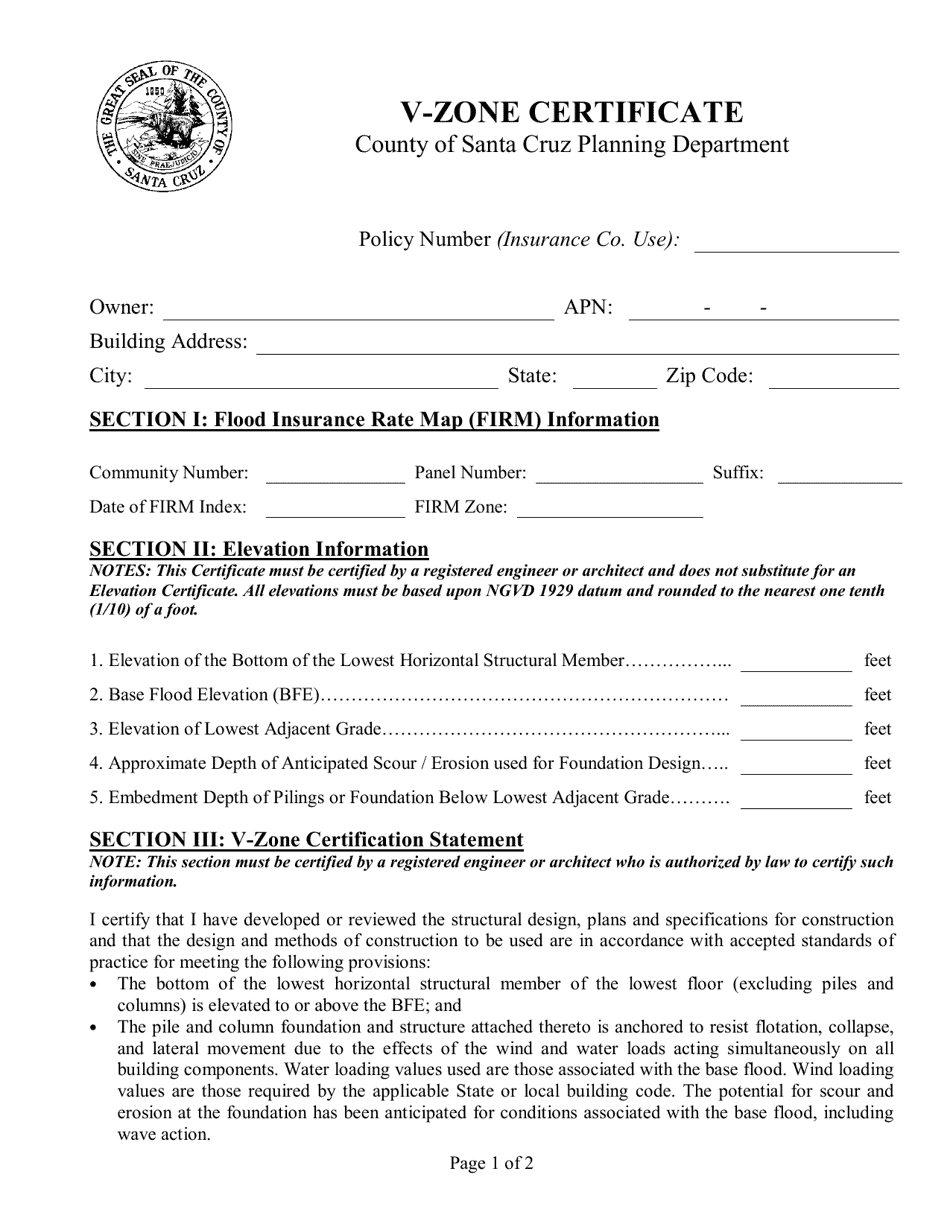 V-Zone Certificate - Santa Cruz County, California, Page 1