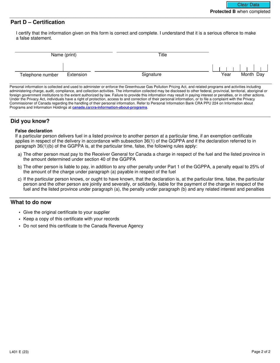 Form L401 Download Fillable PDF or Fill Online Fuel Charge Exemption