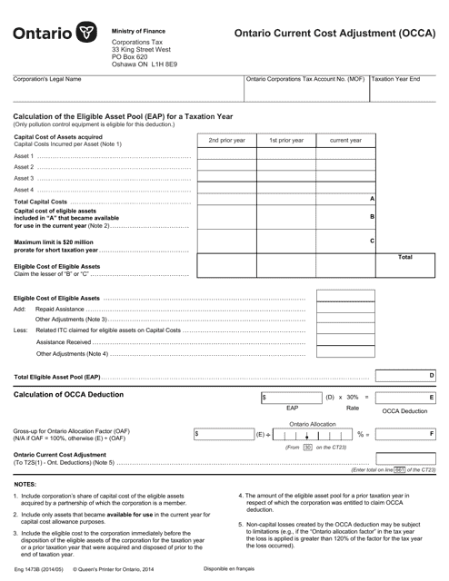 Form 1473B Ontario Current Cost Adjustment (Occa) - Ontario, Canada