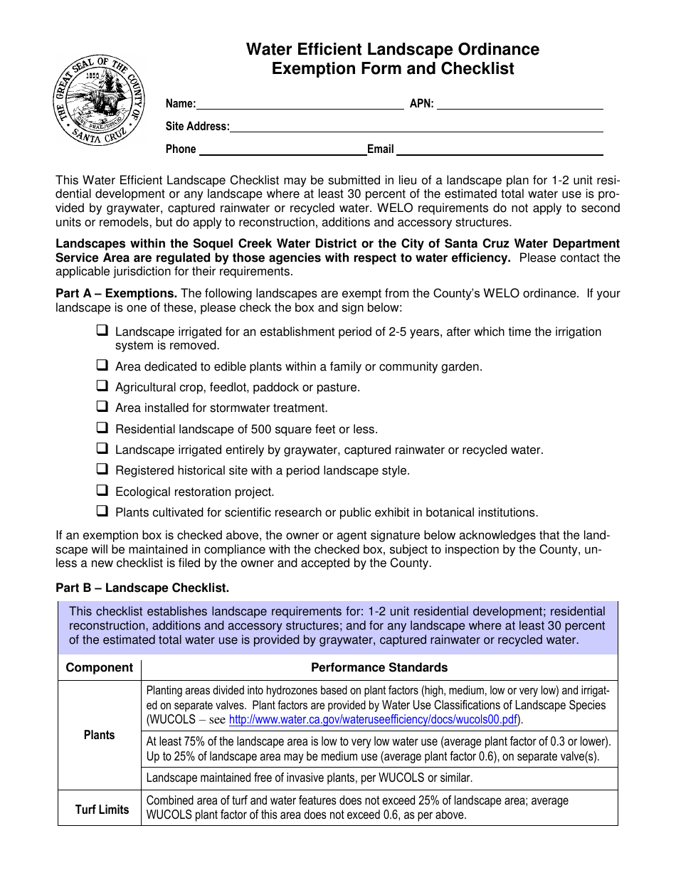 Water Efficient Landscape Ordinance Exemption Form and Checklist - Santa Cruz County, California, Page 1