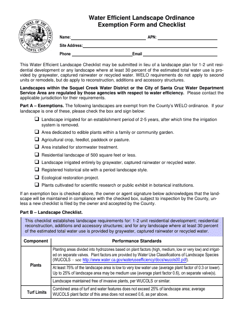 Water Efficient Landscape Ordinance Exemption Form and Checklist - Santa Cruz County, California Download Pdf