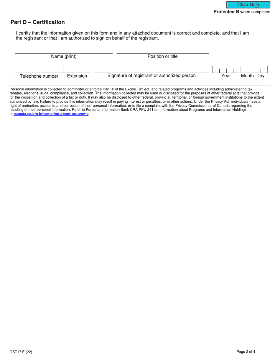 Form GST17 Election Concerning the Provision of a Residence or Lodging at a Remote Work Site - Canada, Page 2