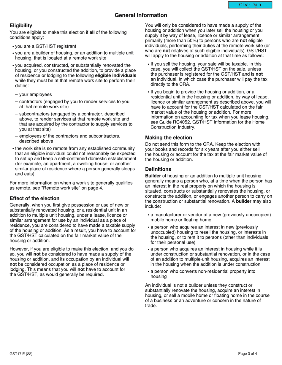 Form GST17 Election Concerning the Provision of a Residence or Lodging at a Remote Work Site - Canada, Page 3