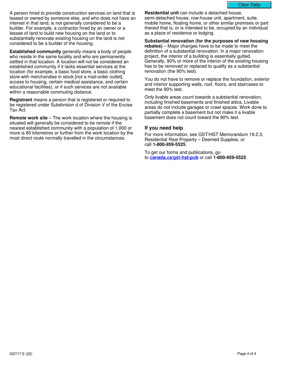 Form GST17 Election Concerning the Provision of a Residence or Lodging at a Remote Work Site - Canada, Page 4