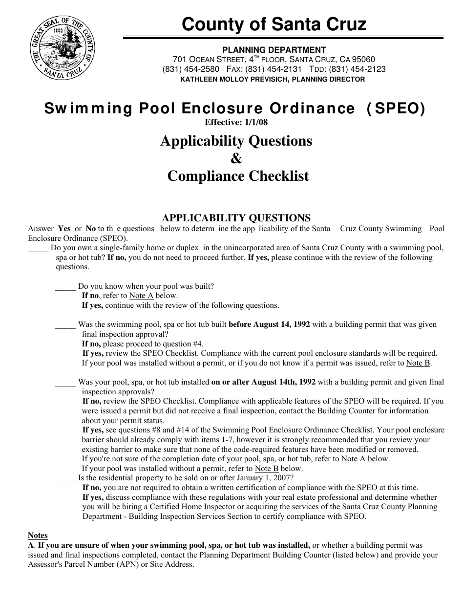 Swimming Pool Enclosure Ordinance (Speo) Applicability Questions  Compliance Checklist - Santa Cruz County, California, Page 1