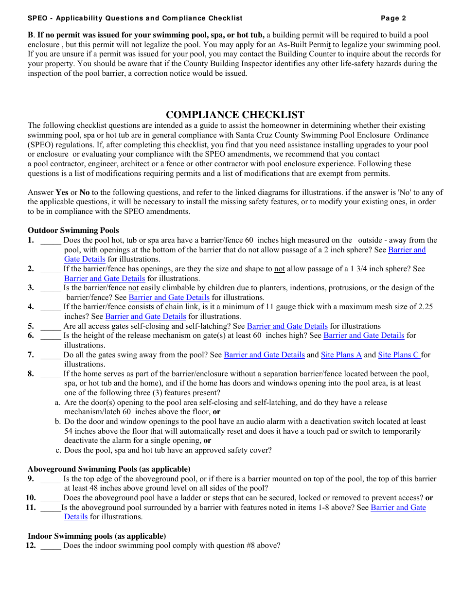 Swimming Pool Enclosure Ordinance (Speo) Applicability Questions  Compliance Checklist - Santa Cruz County, California, Page 2