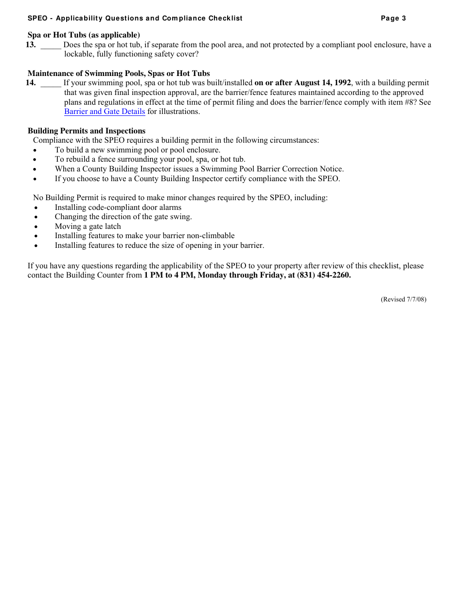 Swimming Pool Enclosure Ordinance (Speo) Applicability Questions  Compliance Checklist - Santa Cruz County, California, Page 3
