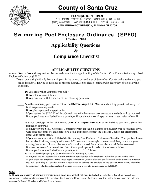Swimming Pool Enclosure Ordinance (Speo) Applicability Questions & Compliance Checklist - Santa Cruz County, California