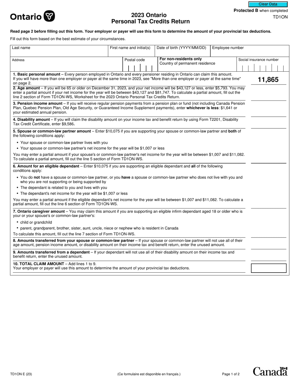 Form TD1ON Download Fillable PDF or Fill Online Ontario Personal Tax