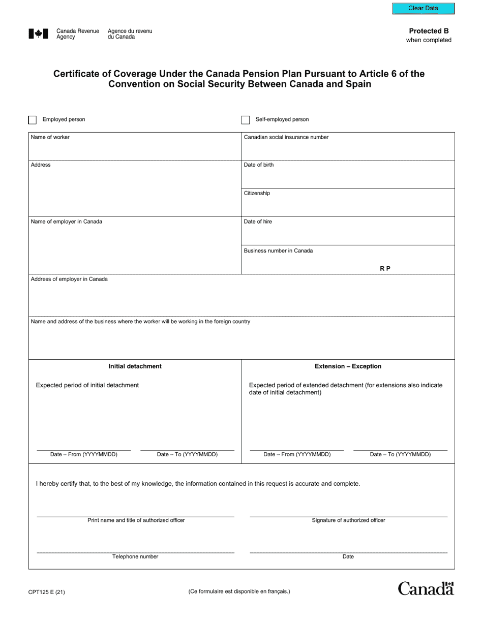 Form CPT125 Certificate of Coverage Under the Canada Pension Plan Pursuant to Article 6 of the Convention on Social Security Between Canada and Spain - Canada, Page 2