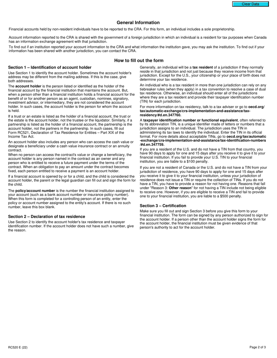 Form RC520 Declaration of Tax Residence for Individuals - Part Xix of the Income Tax Act - Canada, Page 2