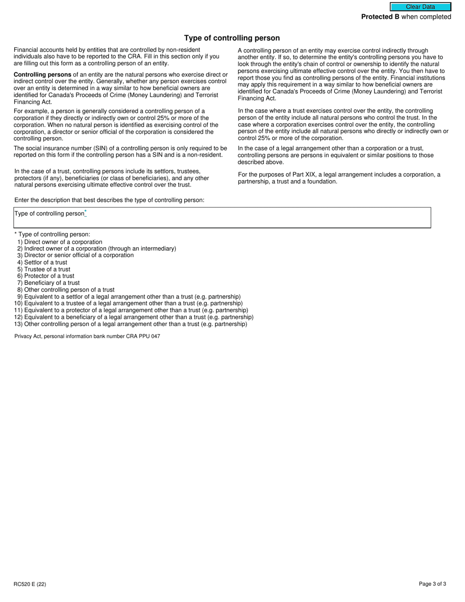 Form RC520 Declaration of Tax Residence for Individuals - Part Xix of the Income Tax Act - Canada, Page 3