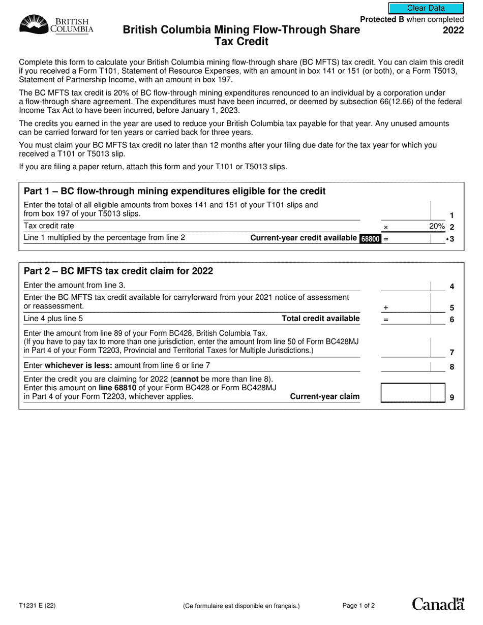 Form T1231 British Columbia Mining Flow-Through Share Tax Credit - Canada, Page 1
