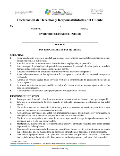 Declaracion De Derechos Y Responsabilidades Del Cliente - Harris County, Texas (Spanish)