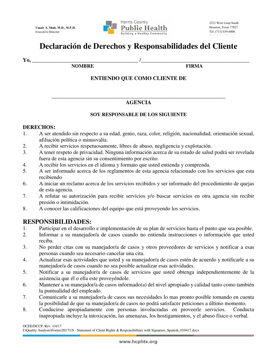 Declaracion De Derechos Y Responsabilidades Del Cliente - Harris County, Texas (Spanish), Page 1
