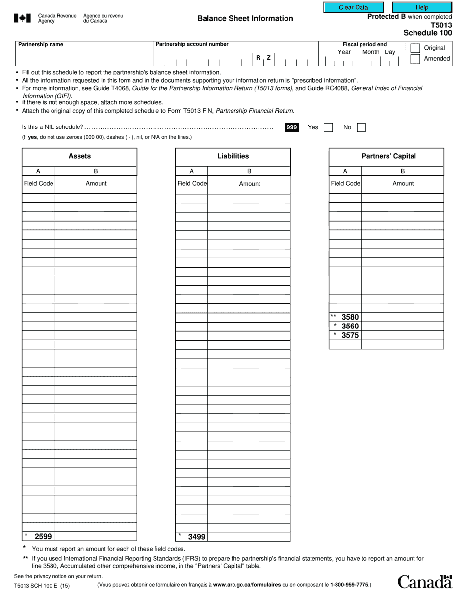 Form T5013 Schedule 100 Balance Sheet Information - Canada, Page 1