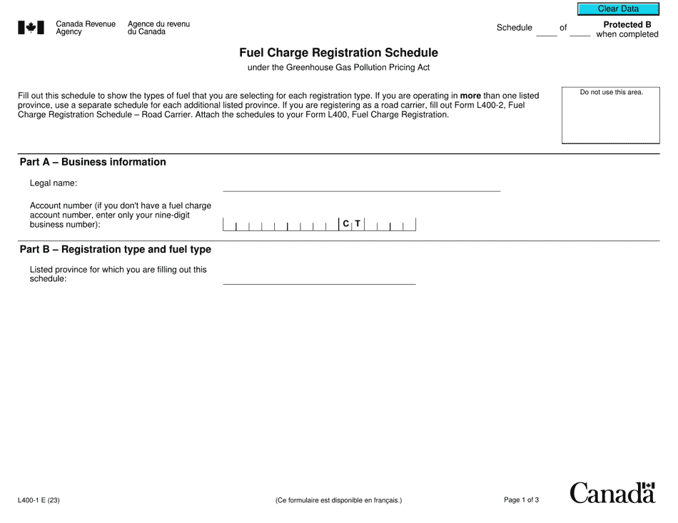 Form L400-1 Fuel Charge Registration Schedule - Canada, Page 1
