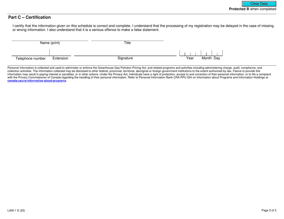 Form L400-1 Fuel Charge Registration Schedule - Canada, Page 3