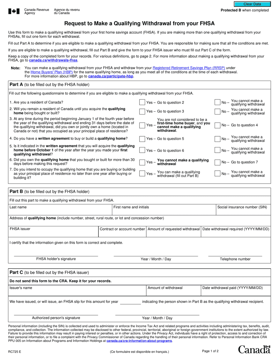 Form RC725 Request to Make a Qualifying Withdrawal From Your Fhsa - Canada, Page 1