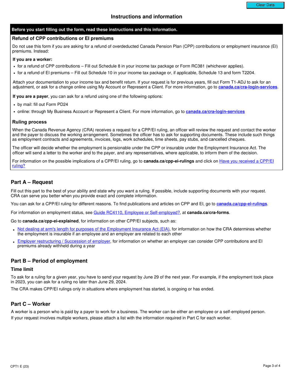 Form CPT1 Request for a Cpp / Ei Ruling - Employee or Self-employed - Canada, Page 3