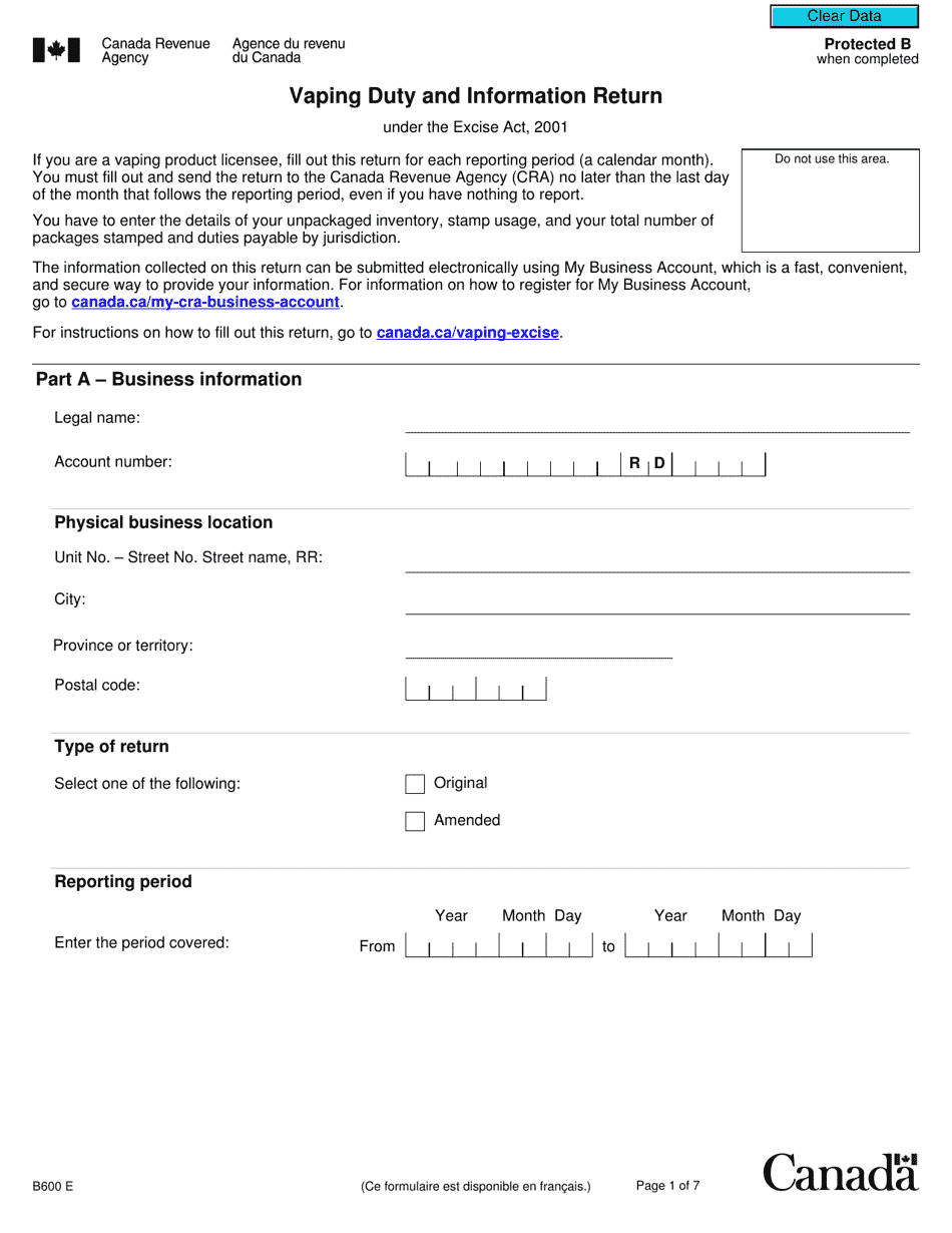 Form B600 Vaping Duty and Information Return - Canada, Page 1