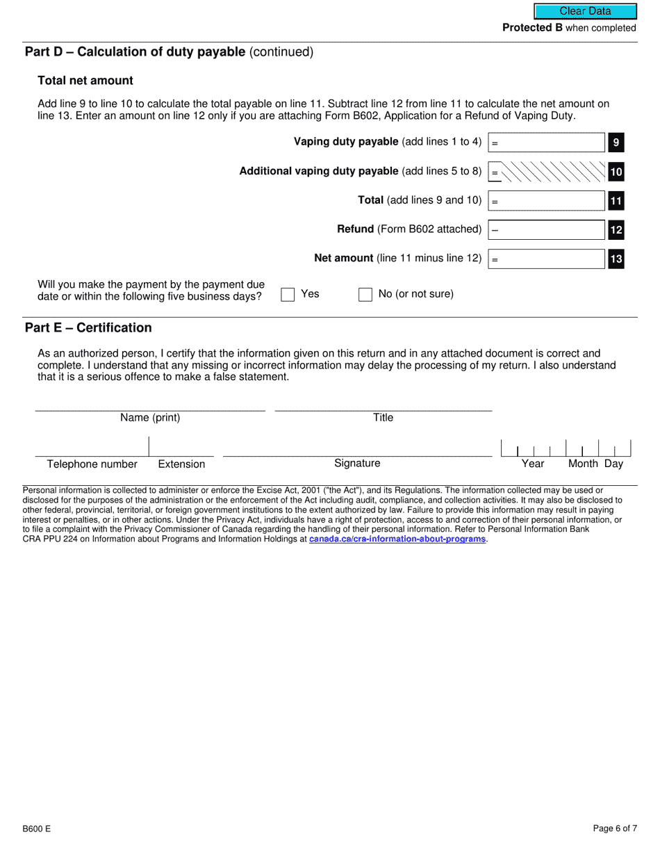 Form B600 Vaping Duty and Information Return - Canada, Page 6