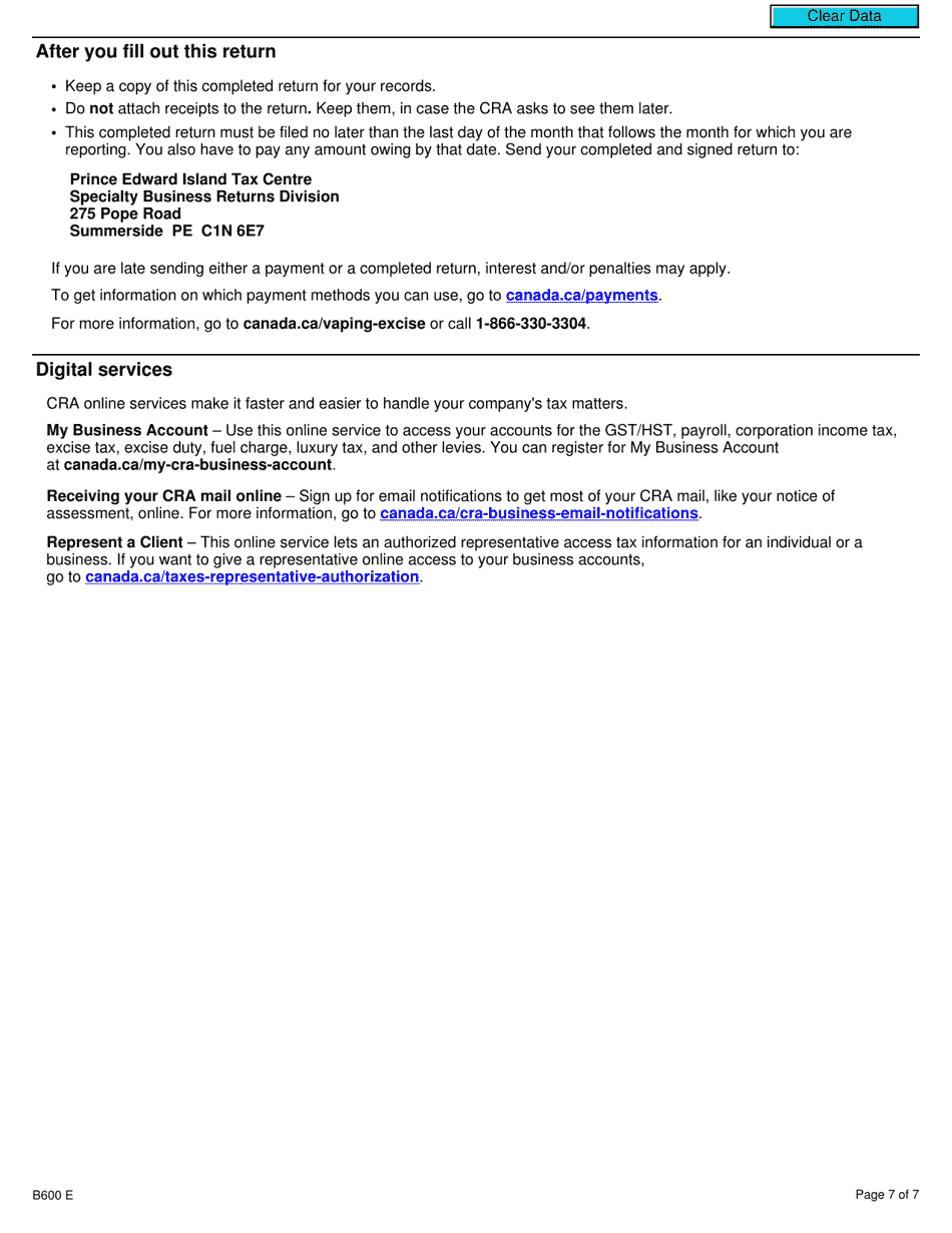 Form B600 Vaping Duty and Information Return - Canada, Page 7