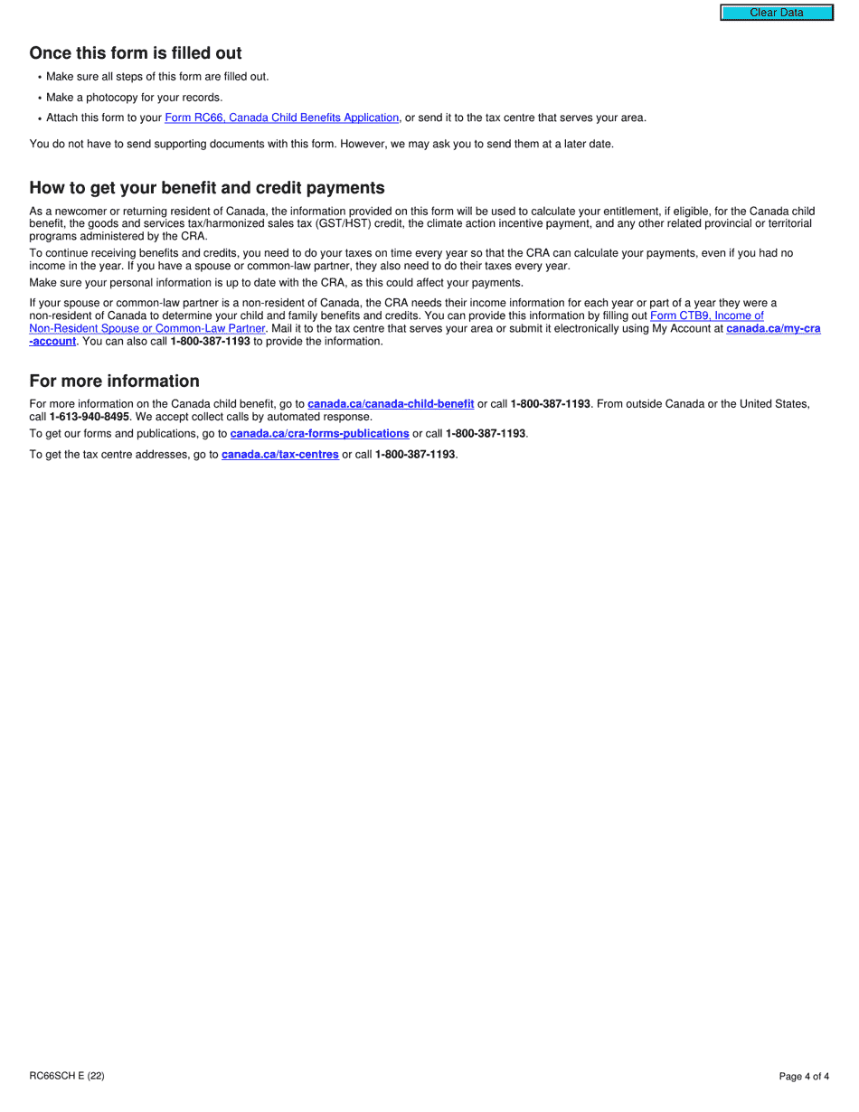 Form RC66SCH Status in Canada and Income Information for the Canada Child Benefits Application - Canada, Page 4