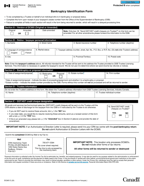 Form DC905 Bankruptcy Identification Form - Canada