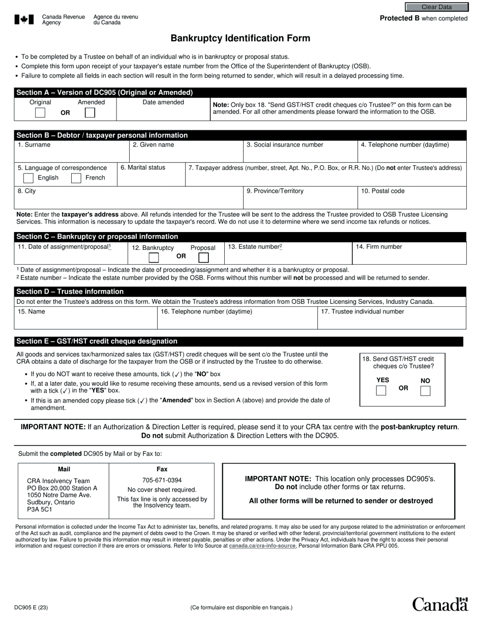 Form DC905 Bankruptcy Identification Form - Canada, Page 1