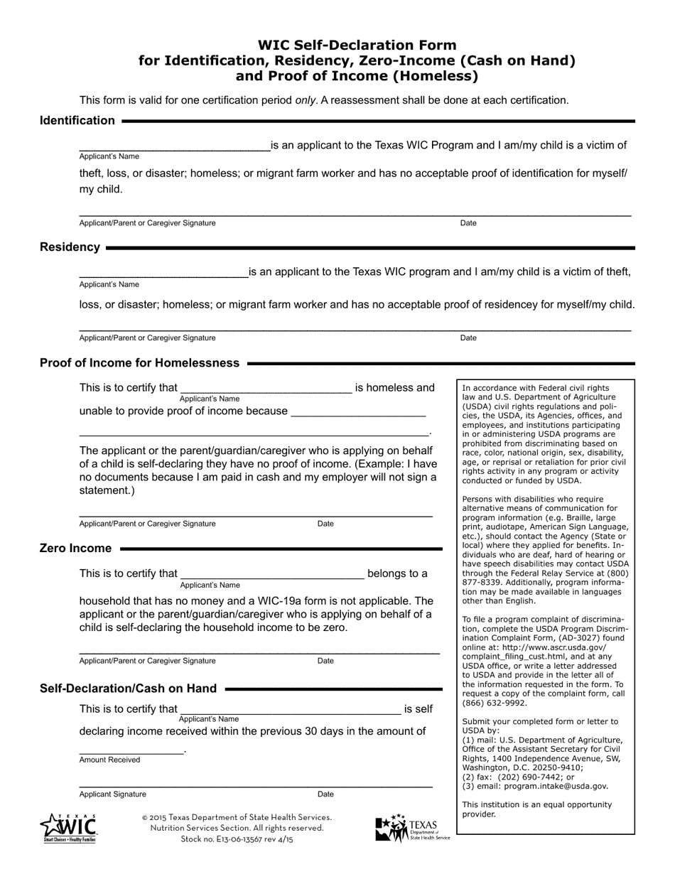 Wic Self-declaration Form for Identification, Residency, Zero-Income (Cash on Hand) and Proof of Income (Homeless) - Harris County, Texas, Page 1