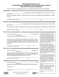 Document preview: Wic Self-declaration Form for Identification, Residency, Zero-Income (Cash on Hand) and Proof of Income (Homeless) - Harris County, Texas