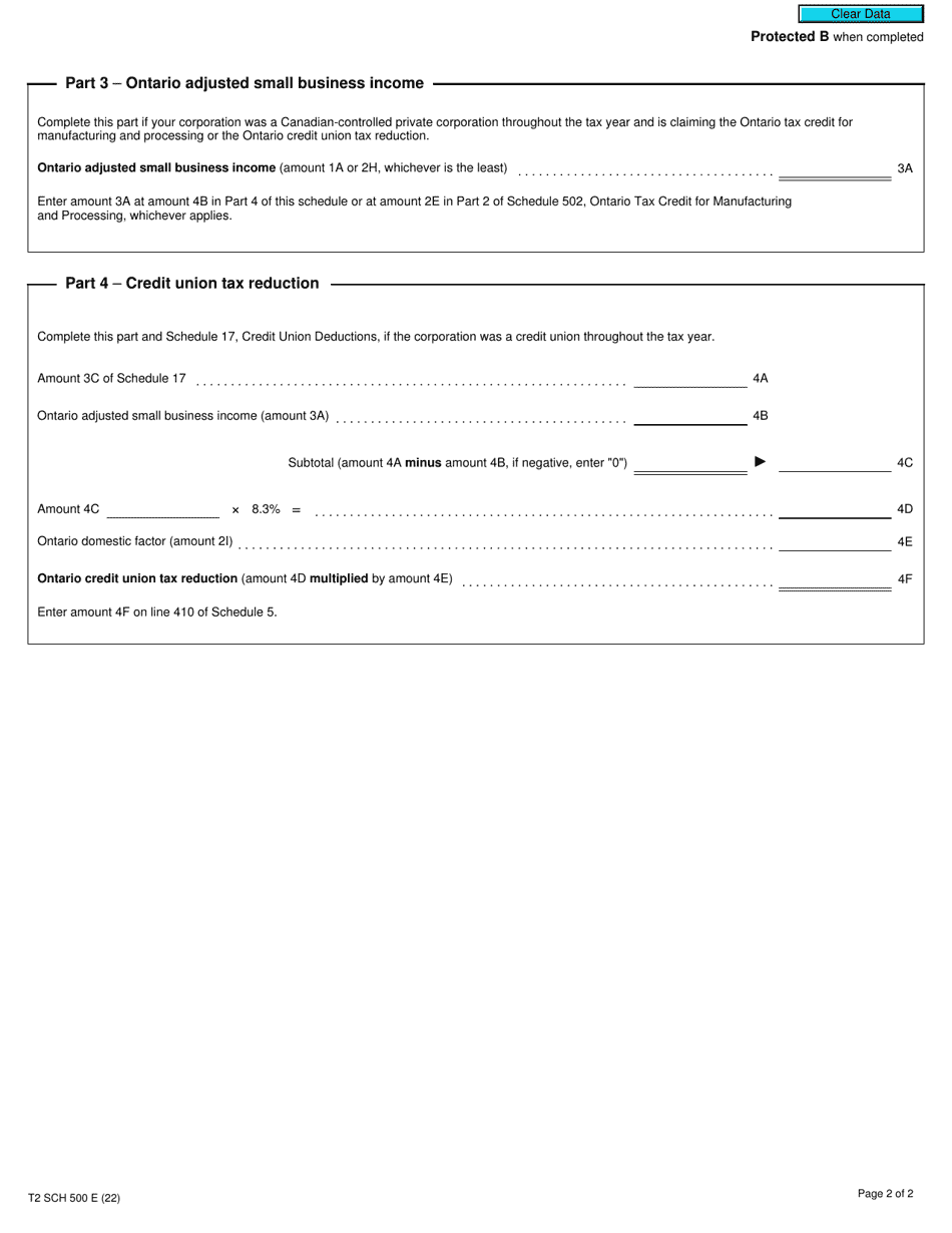 Form T2 Schedule 500 Ontario Corporation Tax Calculation (2022 and Later Tax Years) - Canada, Page 2