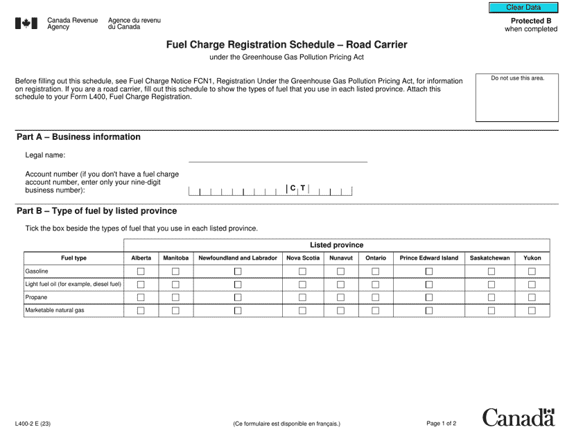 Form L400-2 Fuel Charge Registration Schedule - Road Carrier - Canada