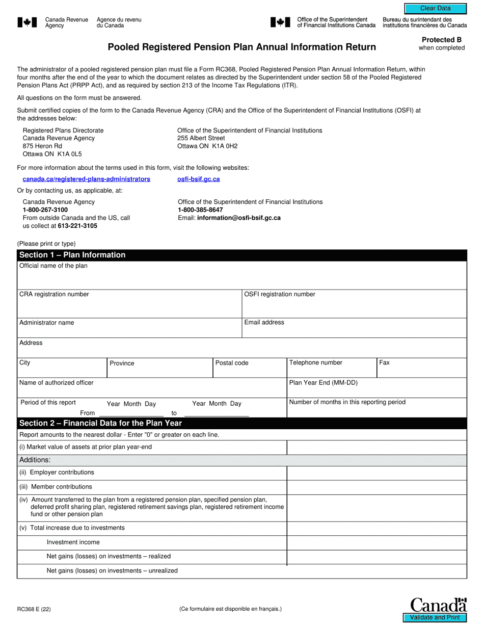 Form RC368 Pooled Registered Pension Plan Annual Information Return - Canada, Page 1