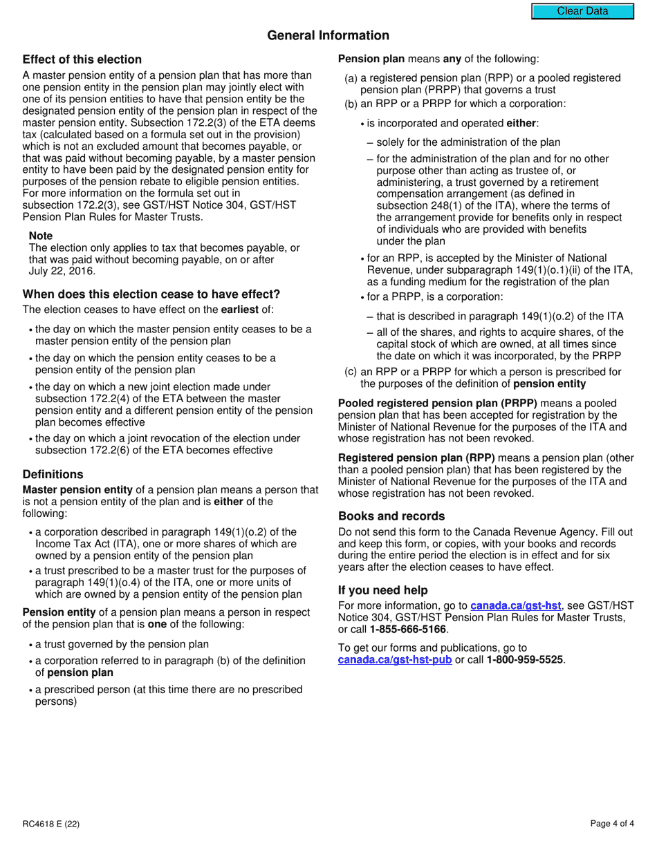 Form RC4618 Election or Revocation of an Election for Gst / Hst Purposes to Designate a Pension Entity in Respect of a Master Pension Entity - Canada, Page 4