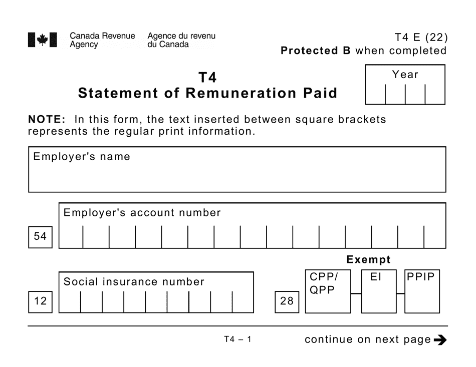 Form T4 Statement of Remuneration Paid - Large Print - Canada, Page 1