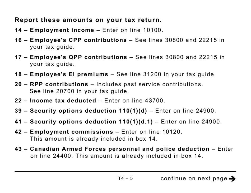 Form T4 Statement of Remuneration Paid - Large Print - Canada, Page 5